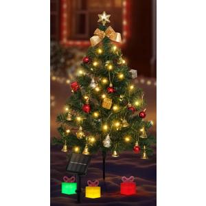 Solar Mini Christmas Tree Decorations Lights, 30 Inch 8 Flashing Modes Waterproof Xmas Decor, 60 LED Lights with Ornaments 6 Lighted Gift Boxes for Porch Pathway Yard Garden (Warm White)