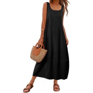 MEROKEETY Women's Boho Maxi Sundress 2025 Summer Beach Dress Scoop Neck Sleeveless Loose Tank Dress (Black, S)