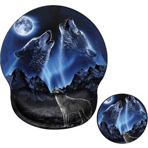 Ergonomic Mouse Pad with Wrist Support Wolf Mousepad Wrist Rest for Pad Gel Carpal Tunnel Relieves Pain Blue Mouse Mat with A Coaster for Computer Girl Work