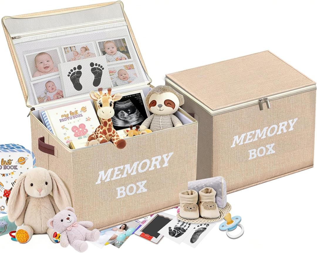 Memory Box for Keepsakes, Large Baby Keepsake Box Decorative Baby Memory Box for Baby Shower Anniversary, Wedding, Valentines Day, Birthday Gift (2, Beige)