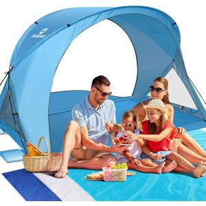 Beach Tent Sun Shelter, Beach Tent with Beach Mat Set, 4 Person Portable Beach Shade Canopy with UPF 50 UV Protection, Dual-Door Ventilation Design, Easy Setup Family Beach Umbrella (Blue)