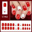 Valentine's Day Press on Nails Short Square Fake Nails with Red Hearts Design Glossy Full Cover Red Glue on Nails Reusable Silver Lines False Nail Cute Acrylic Nail for Women Girls Manicure 24Pcs