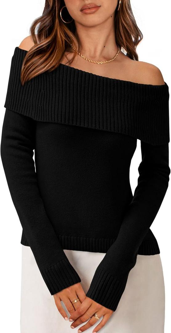 PRETTYGARDEN Off The Shoulder Sweater for Women 2026 Fall Fashion Cute Long Sleeve Tops Winter Ribbed Pullover Knit Outfits (Medium, Black)
