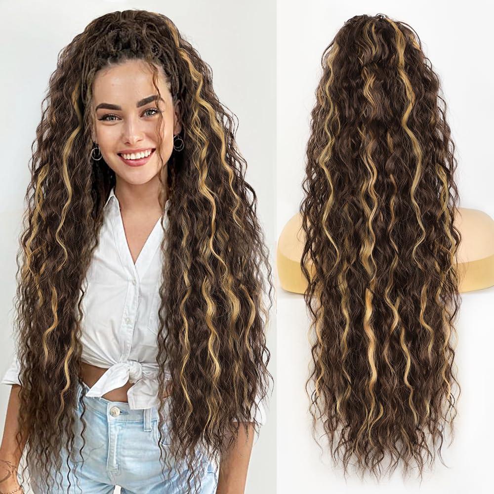 30 Inch Long Chocolate Brown with Caramel Blonde Drawstring Ponytail Extension for Women Synthetic Long Curly Wavy Clip in Ponytail Hair Extensions for Daily Party Use