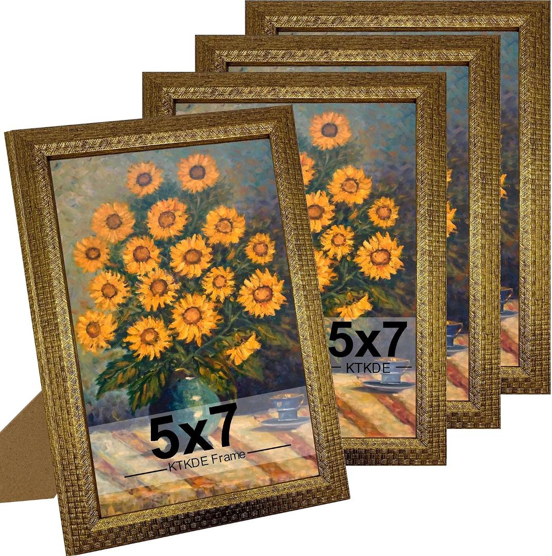 KTKDE 5x7 Picture Frame Set of 4, Ornate Vintage Gold Photo Frames with Real Glass 5 x 7 Antique Photo Frame for Wall Decor or Tabletop Display Retro Home Decor best gift