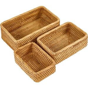 Natural Rectangular Rattan Storage Baskets (Set of 3), Hand Woven Food and Fruit Serving Baskets, Wicker Organizer for Living Room, Bedroom, Kitchen