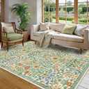 5×7 Grass Green Washable Floral Area Rug, Vintage Boho Soft Low-Pile Living Room Rugs, Stain Resistant Botanical Non-Slip Carpet for Bedroom, Dining Room, Kids Nursery, Home Decor