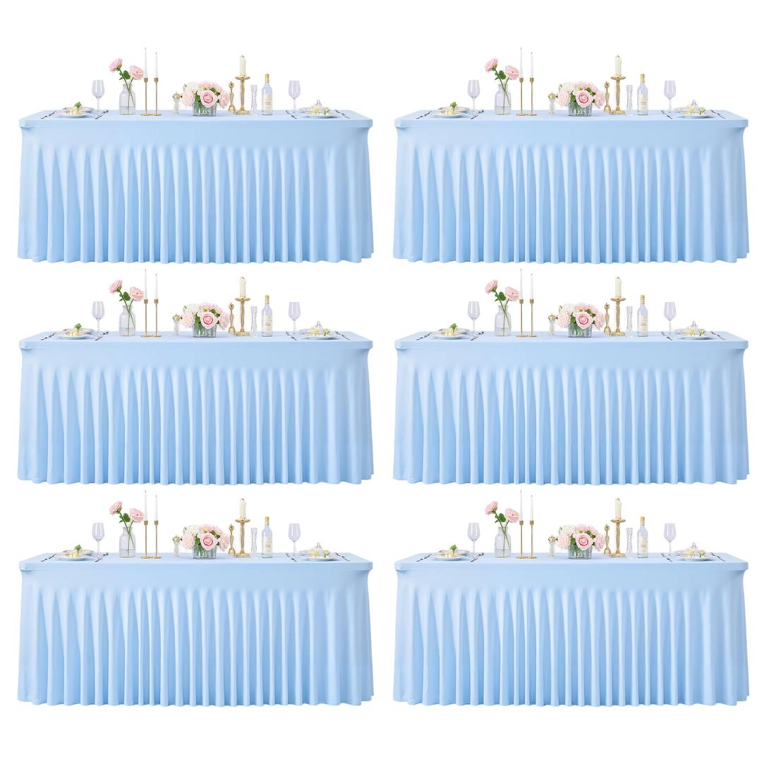 6 Pack Baby Blue Spandex Tablecloths for Rectangle Tables 6 Foot Blue Stretch Table Cloth Rectangle 6ft Elastic Fitted Table Cover with Skirt for Wedding Baby Shower Boy Birthday Party Banquet Buffet