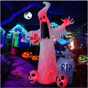 12 FT Halloween Inflatables Outdoor Halloween Blow Up Yard Decorations Horror White Ghost with 3 Skull Heads Bleeding Eyeball Tombstone Halloween Decorations Clearance for Party Yard Garden