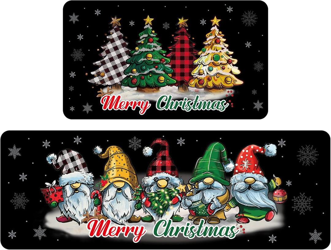 Bencailor Sets of 2 Christmas Gnomes Kitchen Rugs and Mats Merry Christmas Kitchen Rugs Non Slip Washable Gnomes Xmas Door Mats for Winter Home Floor Bathroom Cabin Decor, 29 x 17 and 47 x 17 inch (Black)