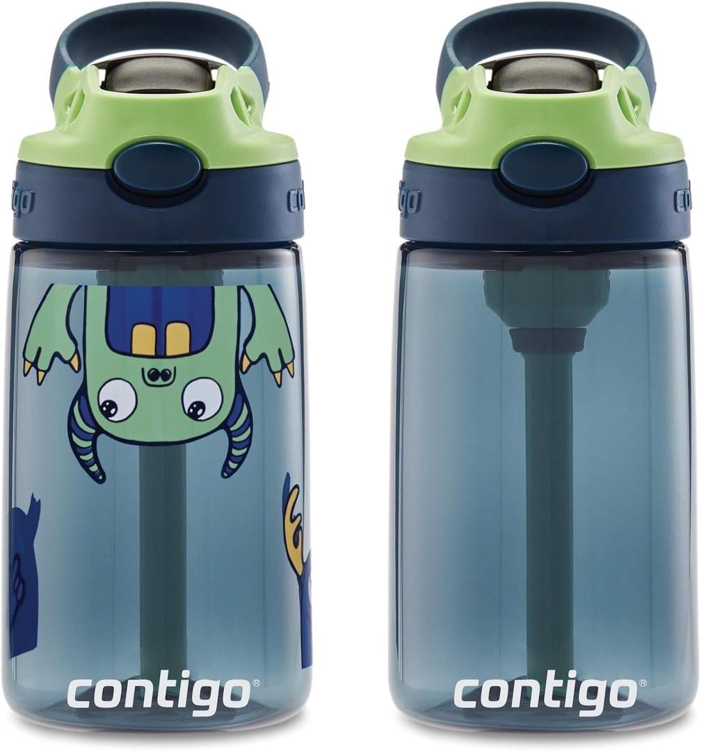 Contigo Aubrey Kids Cleanable Water Bottle with Silicone Straw and Spill-Proof Lid Blueberry & Monsters 14 Ounce 2-Pack