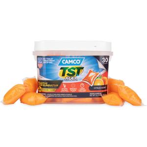 Camco TST MAX RV Toilet Treatment Drop-INs - Control Unwanted Odors & Break Down Waste and Tissue - Safe Septic Tank Treatment - Orange Scent, 30-Pack (41183)