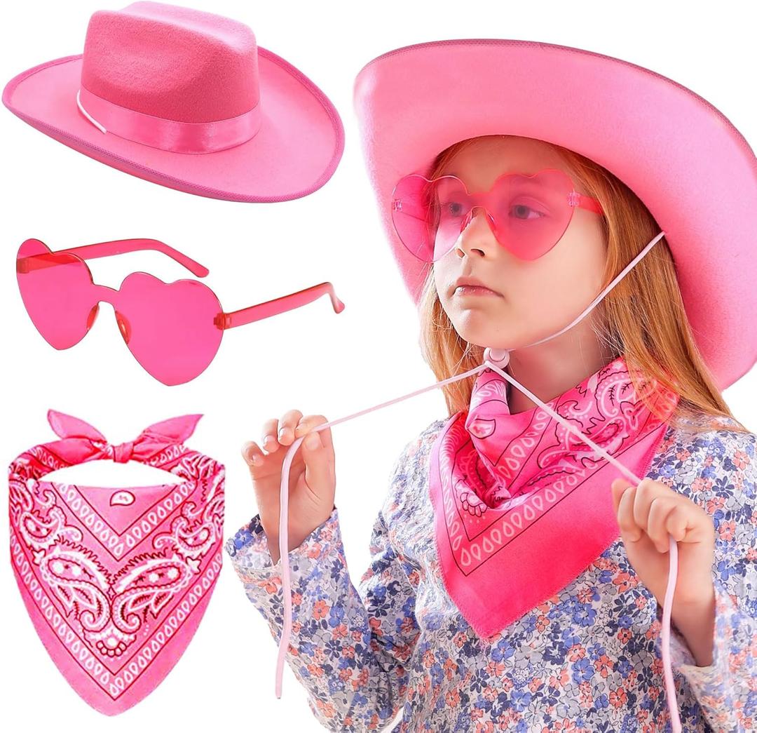 JeVenis Pink Cowgirl Hat Girls Cowboy Hat Kids Western Cowgirl Hat Bandana heart shape Sunglasses for Birthday Party