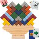PATHFINDER PANDAS Wooden Tower Stack Game - 32PCS Stack Attack Game with Building Blocks & Cards - Durable Tetra Tower Stacking for Kids & Adults - Fun 1+ Player Balance Stacking Games
