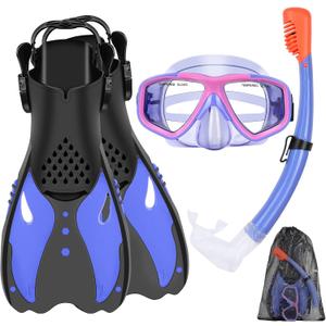 Youth Snorkel Set for Ages 7-16, Snorkeling Gear for Kids with Panoramic View Mask Anti-Fog Anti-Leak Full Dry Top Snorkel Fins Travel Bag for Swimming Diving (Violet)