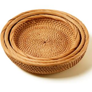 I-lan 3 Pack Round Bread baskets with 2" Wall, 11 Inch Rattan Fruit Basket with Rolled Edge, Decorative Natural Basket Wicker Bowl for Nuts, Candy Catch All Dish, Storage, Coffee Table, Brown, S M L