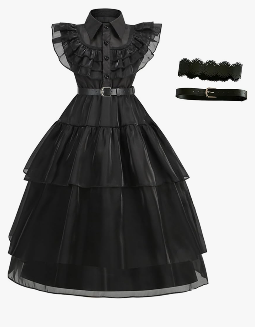 Halloween Women Black Gothic Tulle Cosplay Dress Party Ruffle Layered Prom Dance Costume Belt Necklace size 120