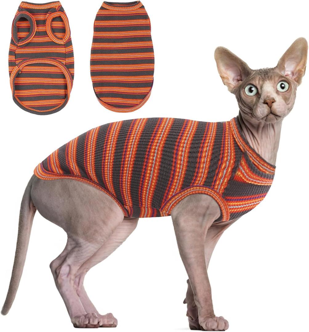 BRKURLEG Sphynx Hairless Cats Shirt Puppy Clothes Soft Cotton T-Shirts Cute Cats Pajamas Cat Stripes Vest Pet Clothes, Round Collar Vest Kitten Shirts, (Red Stripes, M) (Medium)