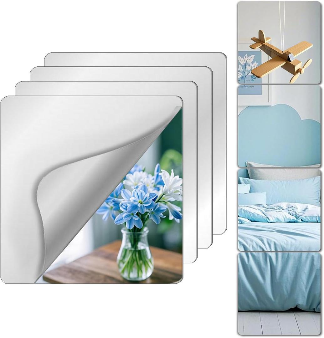 Unbreakable Mirror Tiles, 4PCS 10x10 Peel And Stick on Mirror for Wall Mirrors Decorative, Toddlers for Kids Bedroom, Plastic Gym Frameless Door Small Adhesive Mirrors for Classroom Decor Stickers
