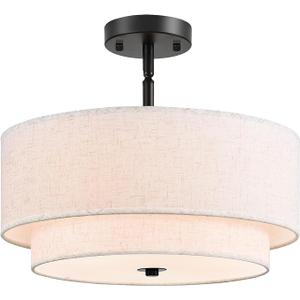 16" Semi Flush Mount Ceiling Light, Black 3 Light Double Drum Fabric Lampshade Lighting Fixture for Living Room, Bedroom, Dining Room, Kitchen, Hallway (Swivel Canopy for Sloped/Flat Ceiling)