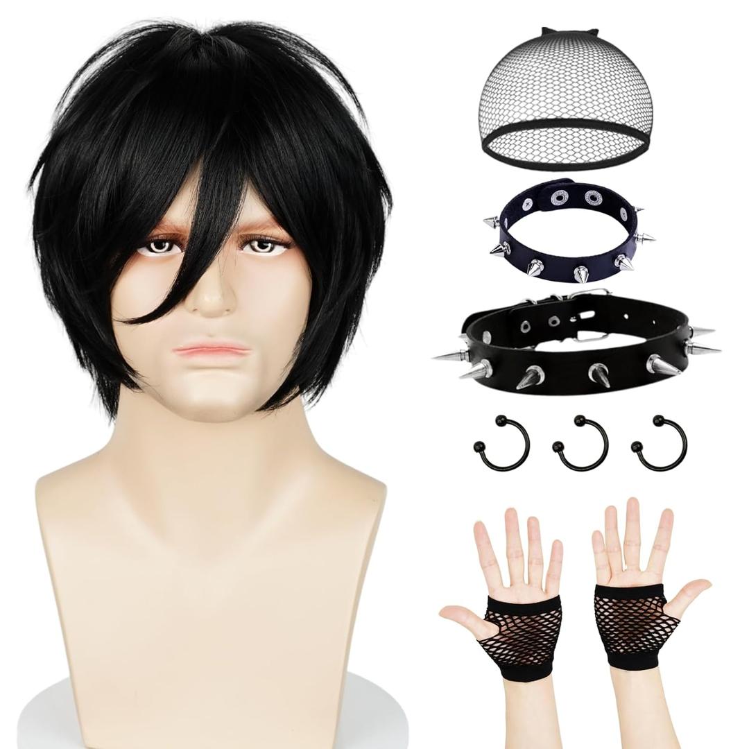 Wiggy Mermaid Emo Wig Costume Set for Men Black Scene Wigs and Emo Accessories Chocker Bracelets Gloves Nose Rings + Cap for 2000s Themed Party Halloween Cosplay