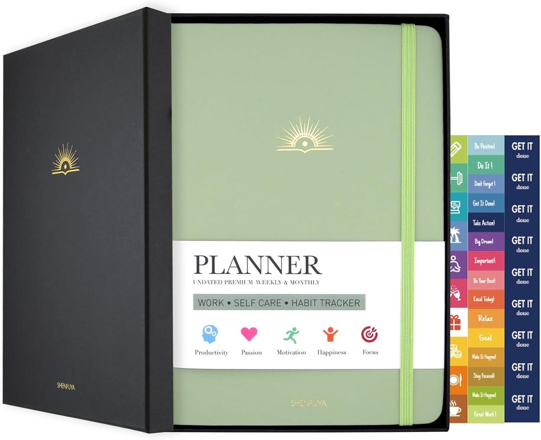 Undated Weekly & Monthly Planner, Life Organizer & Productivity Journal, Goals Setting & Time Management, Gift Box Included, A5 Hardcover Leather with Stickers (Light Green)