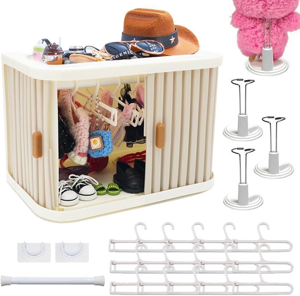 Foldable Doll Wardrobe Storage Compatible with Labubu - Complete Display Kit with 15 Hangers, Rod & 4 Stands - Sliding Door Organizer with Top Shelf