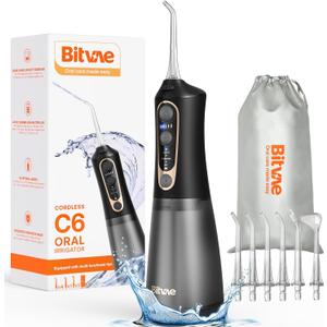 Bitvae C6 Water Dental Flosser Teeth Pick, Cordless Flosser for Travel with 6 Jet Tips, 3 Modes 5 intensities, IPX7 Waterproof Portable & Rechargeable Oral Irrigator Cleaner, Black (300ml)