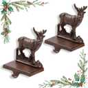 2 Pack Christmas Stocking Holders for Mantle, Metal Heavy Duty Stocking Hangers, Fireplace Hooks Reindeer Christmas Ornaments for Counter Tables Window Decoration, Brown