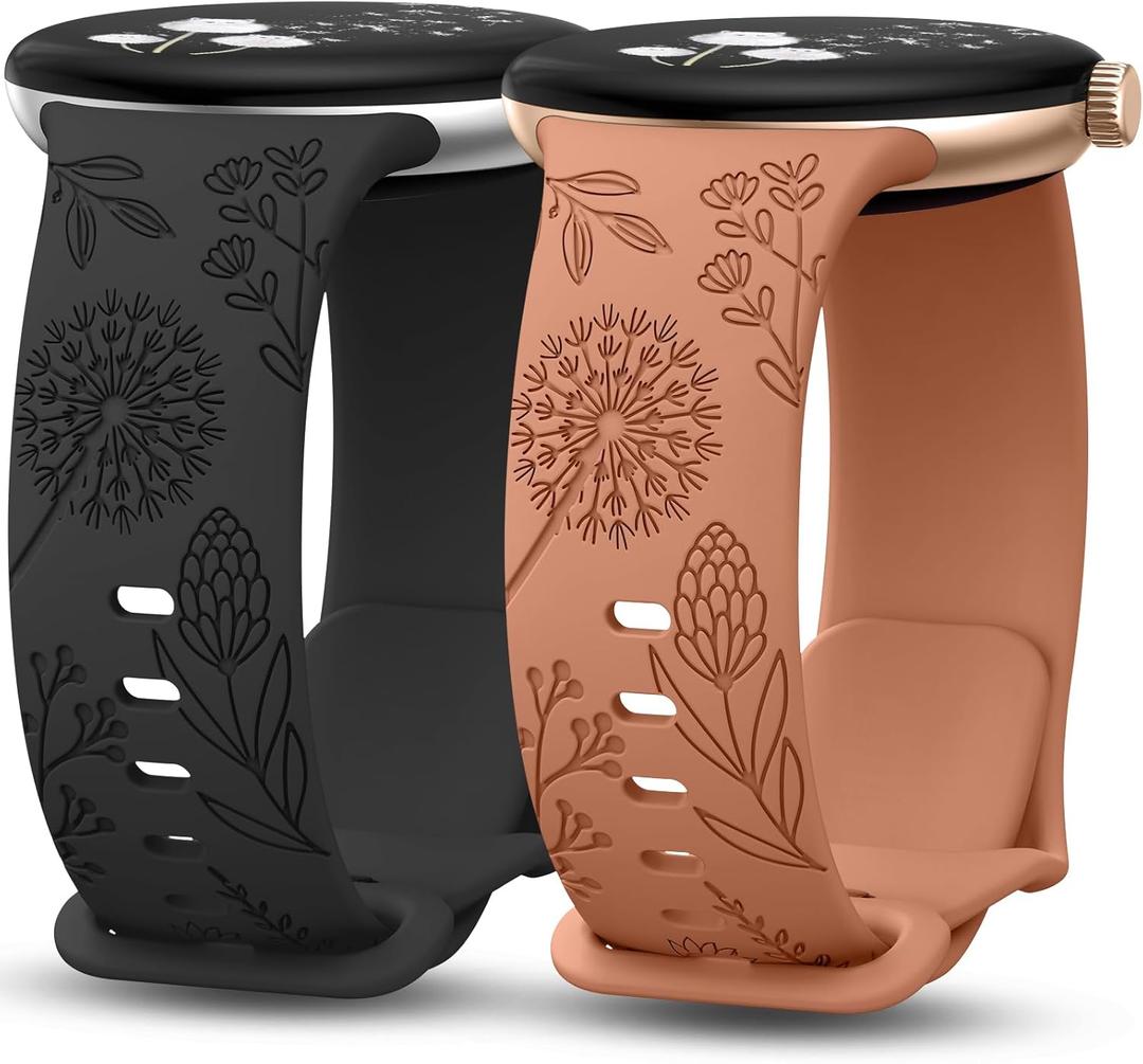 Minyee 2 Packs Floral Engraved Bands Compatible with Google Pixel Watch 4/3 41mm/Pixel Watch 2/1 Band Women, Cute Soft Silicone Flower Sport Fancy Straps (Black/Brown)