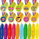 Geyee 100 Pieces Field Day Award Ribbons and Medals Bulk Winner Plastic Award Medals Motivational Medal with Neck Ribbon Assortment for Competition Sports Contest Graduation Favors (Award)