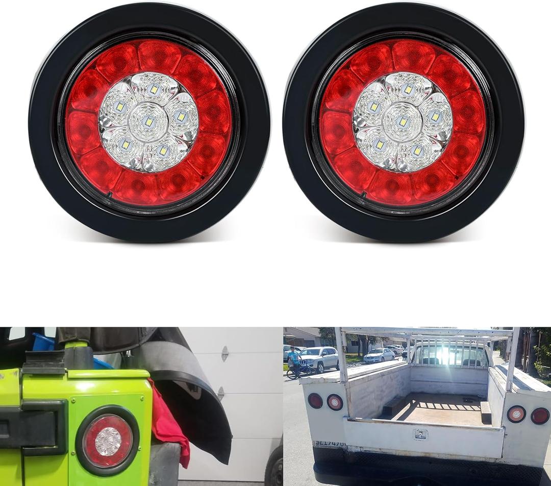 2PCS 4" Round LED Trailer Tail Lights 16LED with Rubber Grommet Sealed Waterproof IP67,Brake Stop Running Reverse Signal Lamps for RV Trailer Trucks Van