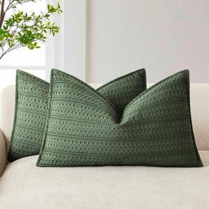 Foindtower Set of 2 Decorative Cotton Waffle Weave Lumbar Throw Pillow Covers Euro Shams Cushion Covers Accent European Pillowcase for Bed Couch Bedroom Living Room Home Decor 12x20 Inch Dark Green