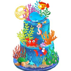 15 PCS Sea Ocean Theme Birthday Cake Decoration Toppers Fishing Cake Ocean Animals Sea Cake Decorations for Under the Sea Theme Baby Shower Birthday Party Supplies