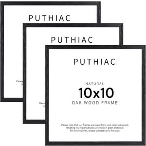 puthiac 10x10 Solid Oak Wood Picture Frame, Fits 6x6 with Mat or 10x10 Without Mat, Wall Display Only, Plexi Front, 3 Pack, Black