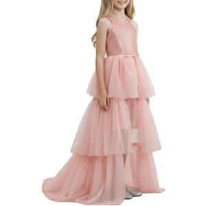 Girls Sequin Dress Halter Formal Pageant Prom Party Graduation Dress with Three Layer Mesh Size 5-14Y (8 Years, Light Pink)