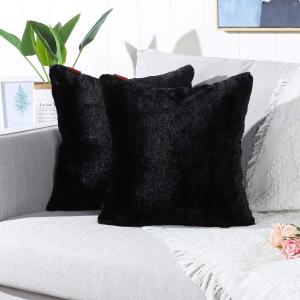 MANDIOO Pack of 2 Black Faux Fur Fuzzy Cozy Soft Decorative Throw Pillow Covers Set Cushion Cases Pillowcases for Sofa Bedroom Car 22x22 Inches (22" x 22" (Pack of 2))