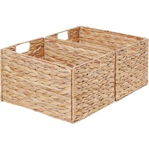 Vagusicc Wicker Storage Basket, Set of 2 Hand-Woven Storage Baskets for Organizing, Small Wicker Basket for Toilet Paper, Foldable Large Cube Storage Organizer Basket Bins for Shelves (Water Hyacinth)