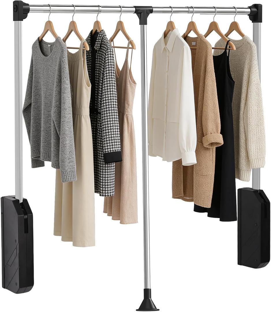 Tonchean Pull Down Closet Rod, Stainless Steel 35-48 Inch Adjustable Closet Rods for Hanging Clothes Side & Back Mounted, Two-way Buffering 60Lbs Load Capacity Heavy Duty Wardrobe Lift Rail Organizer