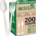MISISIPI [7In 200Pcs] 100% Compostable Forks and Spoons Utensils Cutlery Silverware Heavyduty Eco-friendly Disposable Plastic free Forks and Spoons Utensils Cutlery Silverware for Party BBQ Lounge