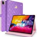 for iPad Pro 12.9 Inch Case 6th/5th/4th/3rd Generation (2022/2021/2020/2018), Crown Diamond Bling Cute PU Leather Smart Auto Sleep/Wake Stand Shockproof Protective Case for iPad 12.9", Purple