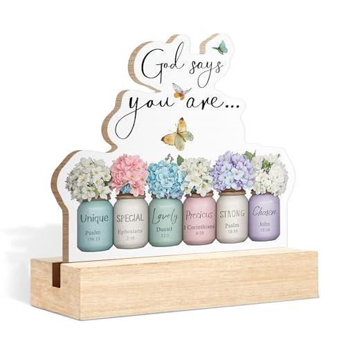 CTYNU Christian Desk Decor Sign, God Says You Are Shaped Wood Sign Plaque with Wooden Stand for Home Office Desk Decor, Religious Inspirational Gift for Women