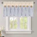 BLEUM CADE Farmhouse Valances for Windows, Cotton Linen Kitchen Curtains Valance, Boho Small Window Curtains for Kitchen, Bathroom, Cafe, Blue Stripe Valance with Rustic Buttons, 52 x 18 Inch