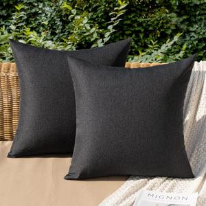MIULEE Pack of 2 Decorative Outdoor Solid Waterproof Throw Pillow Covers Faux Linen Garden Farmhouse Cushion Cases for Patio Tent Balcony Couch Sofa 18x18 Inch Black