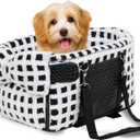 Portable Dog & Cat Car Seat - Center Console Booster Seat with Pillow (Grid-White, Under 13 lbs)