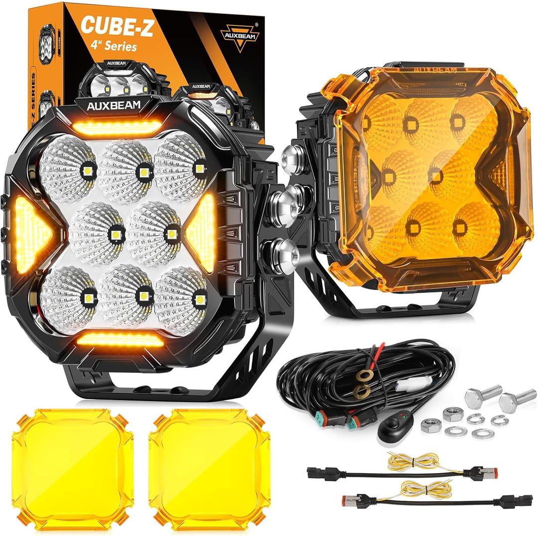 Auxbeam Cube-Z Series 4" Led Pods with Amber Covers, 112W 12800LM Flood Offroad Driving Lights with DRL Turn Signal, Cube Ditch Lights with DT Wiring Harness for Jeep Offroad ATV UTV, Pair