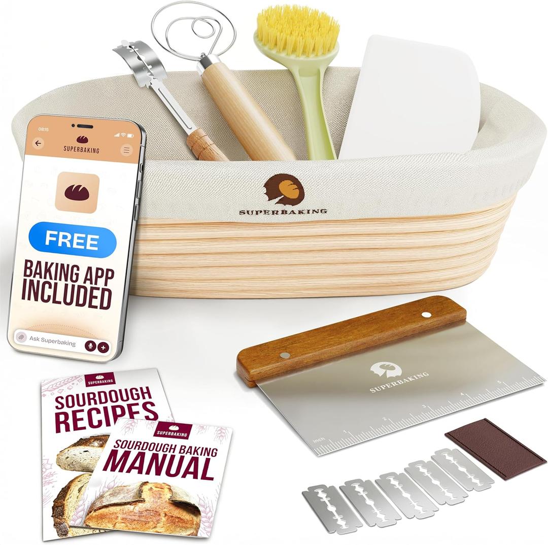 Superbaking 10" Oval Banneton Bread Proofing Basket  Sourdough Starter Kit for Crusty Artisan Style Loaves, Includes Essential Bread Baking Supplies & Tools - Ideal Gift for Bakers