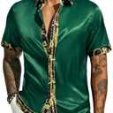 PJ PAUL JONES Mens Short Sleeve Button Down Shirts Casual Stretch Satin Silk Hawaiian Beach Shirt, L