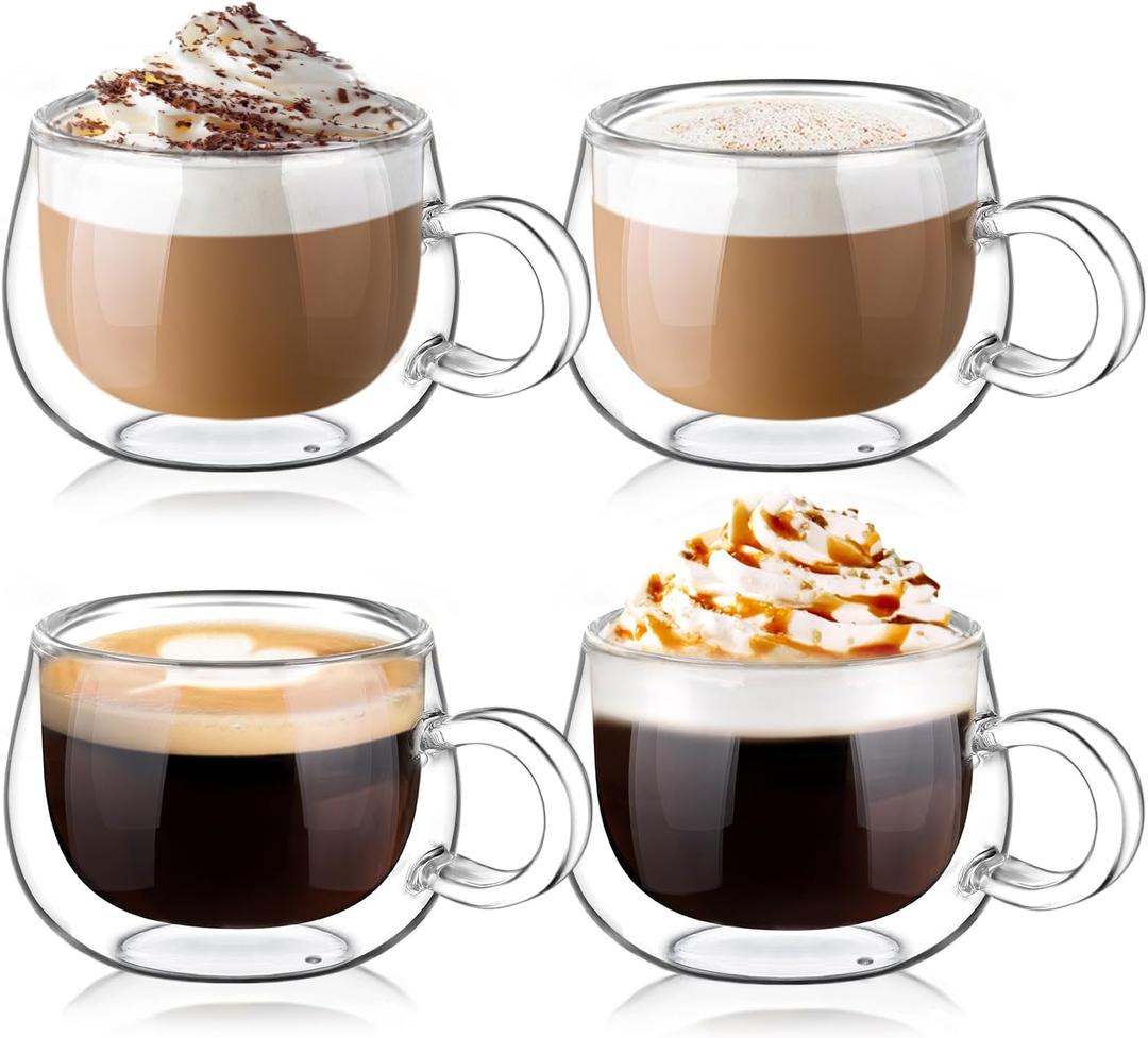 glastal Espresso Cup Set of 4, 4 Oz (full capacity) Double Wall Glasses Espresso Coffee Glass Cups, Small Coffee Glasses Tea Cups with Handle for Iced Americano, Macchiato, Birthday for Mum Dad