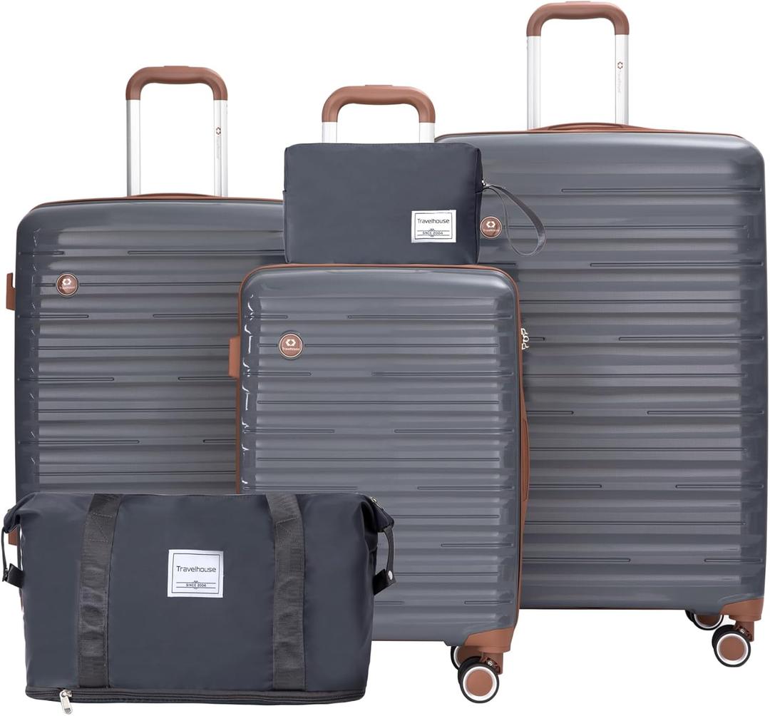 Travelhouse 5 Piece Luggage Sets with Spinner Wheels, Hardshell PP Suitcase Set with Tsa Lock, Lightweight Hardside Travel Suitcases with Waterproof Duffle Bag for Men Women (GRAY)